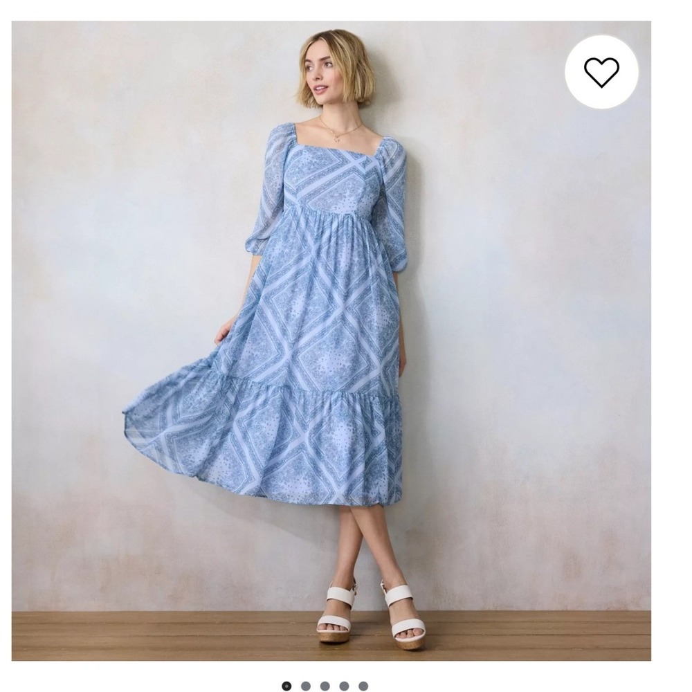 LC Lauren Conrad Blue Bandana Floral Smocked Midi Dress Square Neck Petite Large